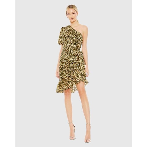 New Mac Duggal Size 4 Floral 26905 One Shoulder Ruffle Ruched Cocktail Dress NWT - Picture 1 of 15